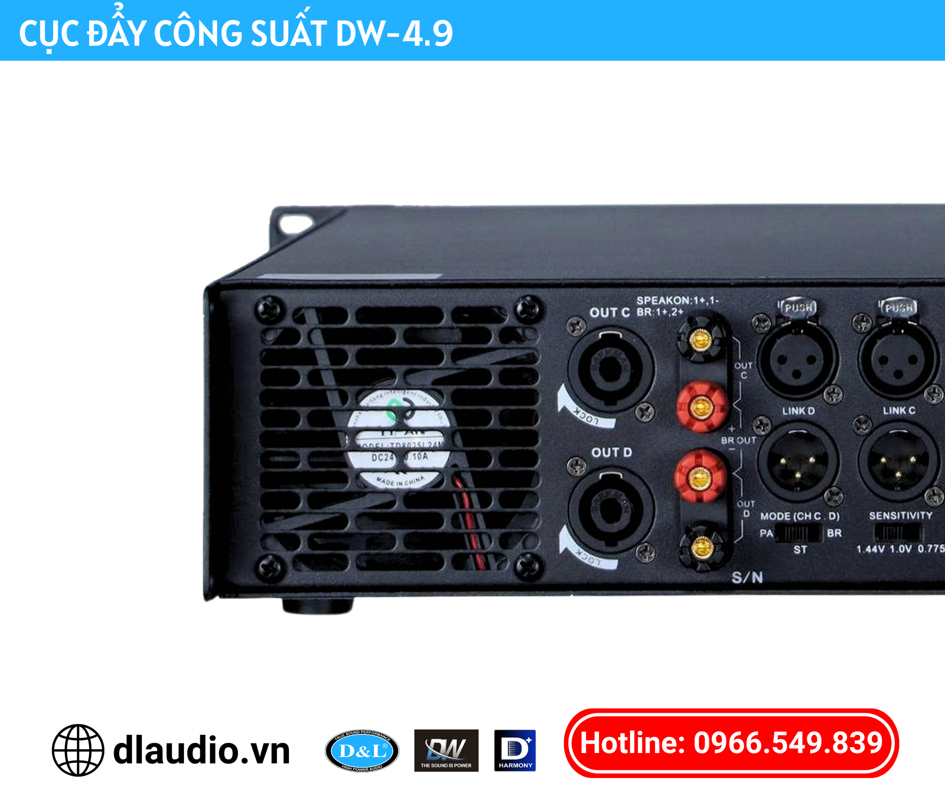 Mặt sau cục đẩy công suất DW 4.9 – khu vực cổng Speakon NL4MP đầu ra loa và quạt tản nhiệt