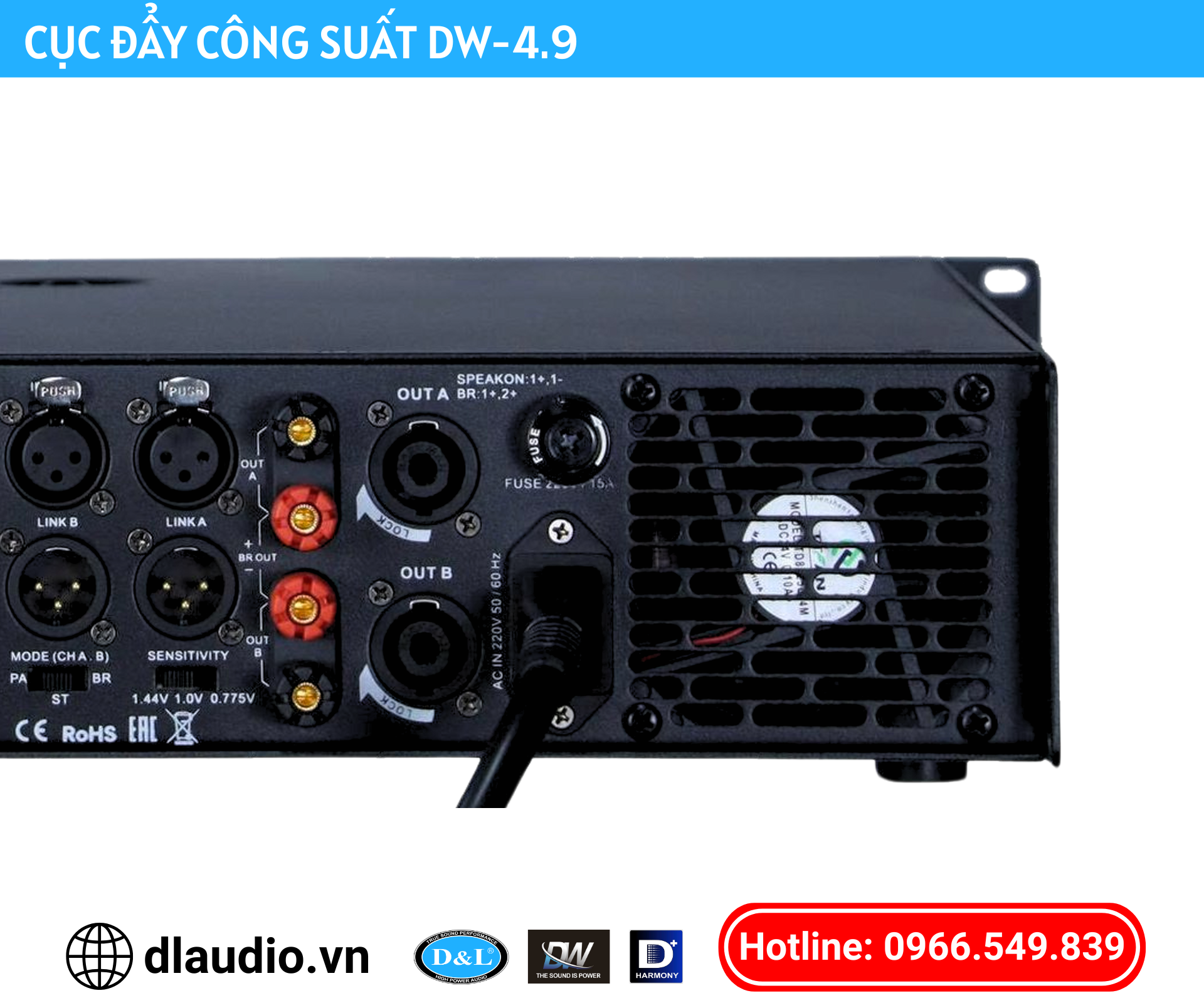 Mặt sau cục đẩy công suất DW 4.9 phần 2 – cổng Neutrik XLR3 đầu vào tín hiệu từng kênh