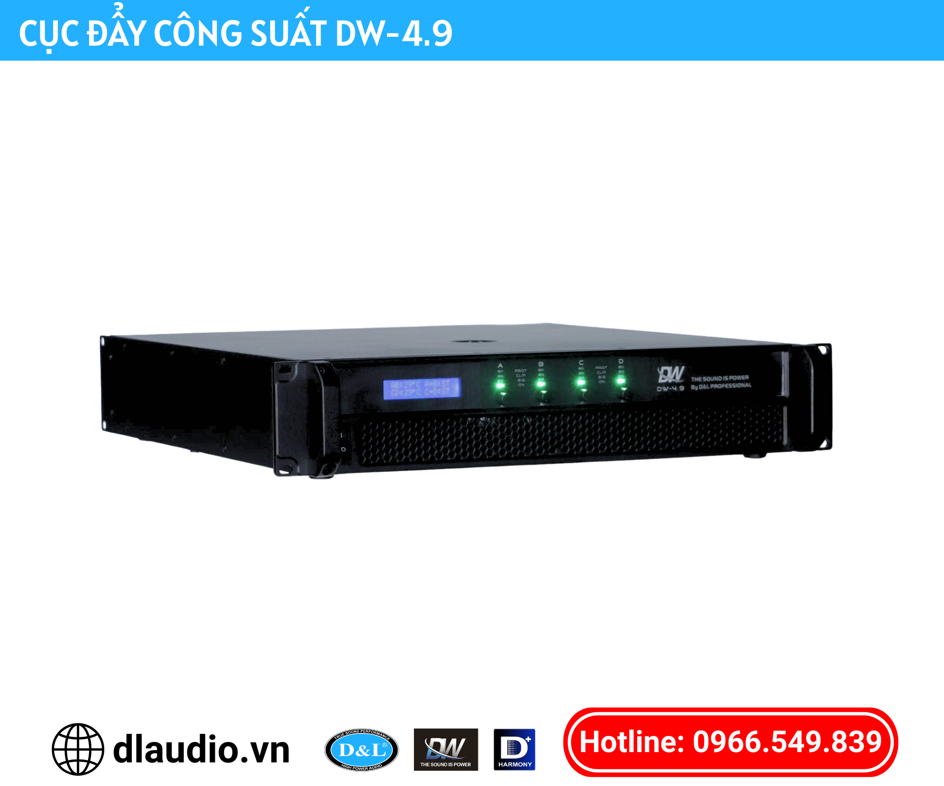 Cục đẩy công suất DW 4.9 nhìn từ phía trước – panel điều khiển với 4 kênh độc lập, đèn LED báo trạng thái và núm điều chỉnh gain