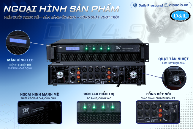 Ngoại hình cục đẩy công suất DW 4.9 – thân máy 2U tiêu chuẩn rack, thiết kế bền bỉ cho touring và cho thuê thiết bị