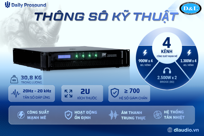 Thông số kỹ thuật cục đẩy công suất DW 4.9 – 4 kênh 1300W tại 4Ω, Class H, damping factor >700, kết nối Speakon NL4MP