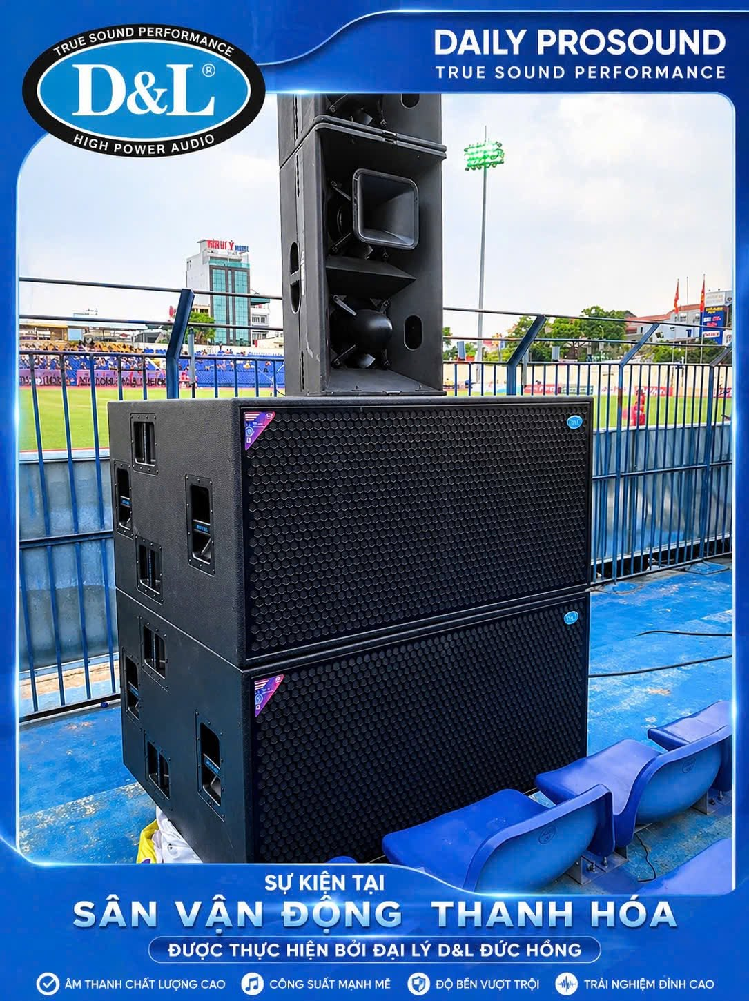 Góc cận cảnh khác loa hỏa tiễn và subwoofer AR-218 sân vận động Thanh Hóa