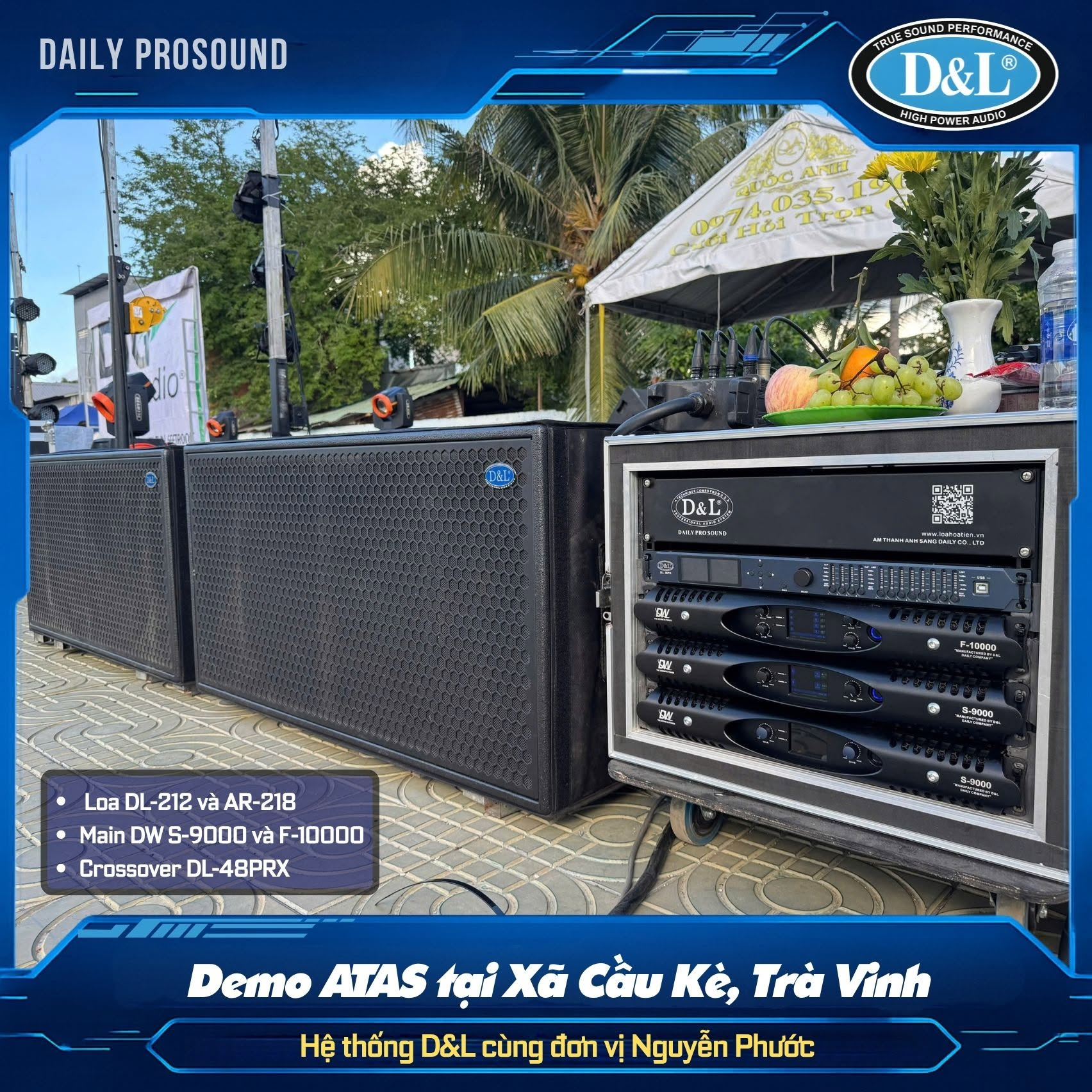 Cận cảnh loa DL-212 và subwoofer AR-218 cùng rack thiết bị demo Trà Vinh