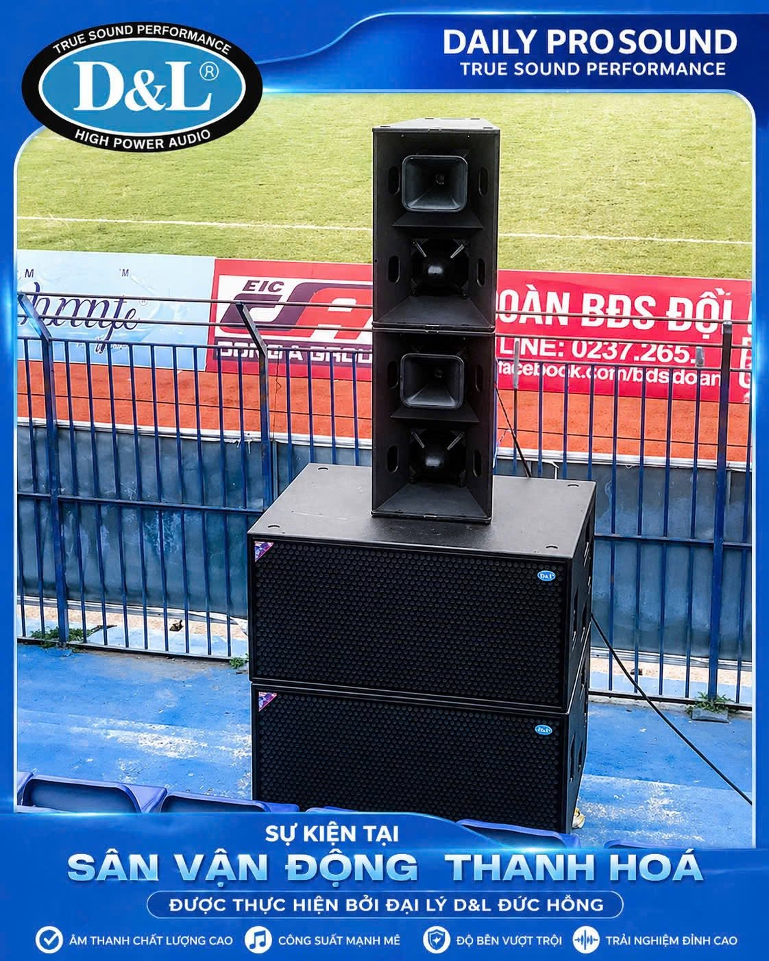 Cận cảnh loa hỏa tiễn TK-212F và subwoofer AR-218 tại sân vận động Thanh Hóa