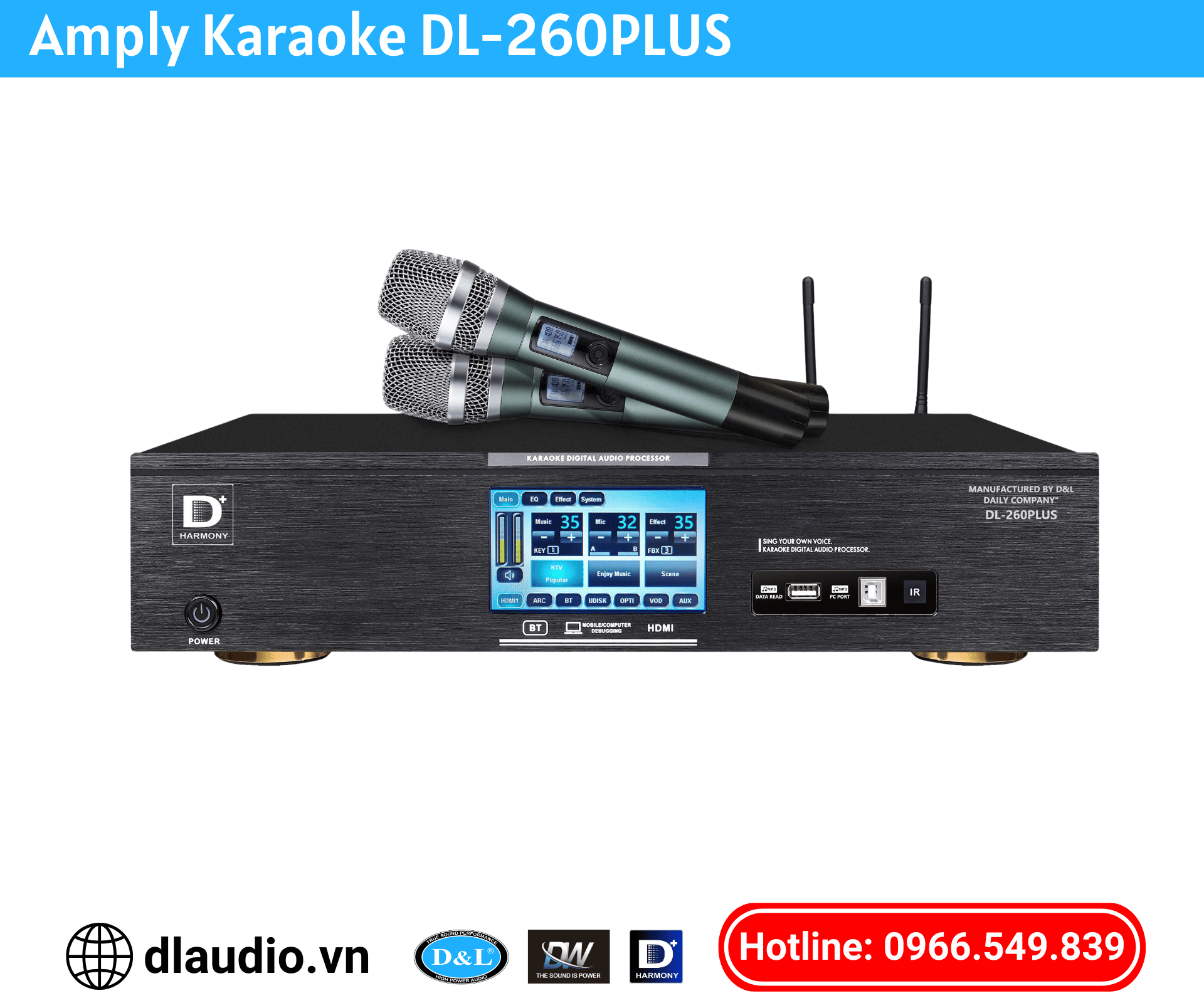 Mặt sau amply karaoke DL-260PLUS với các cổng kết nối
